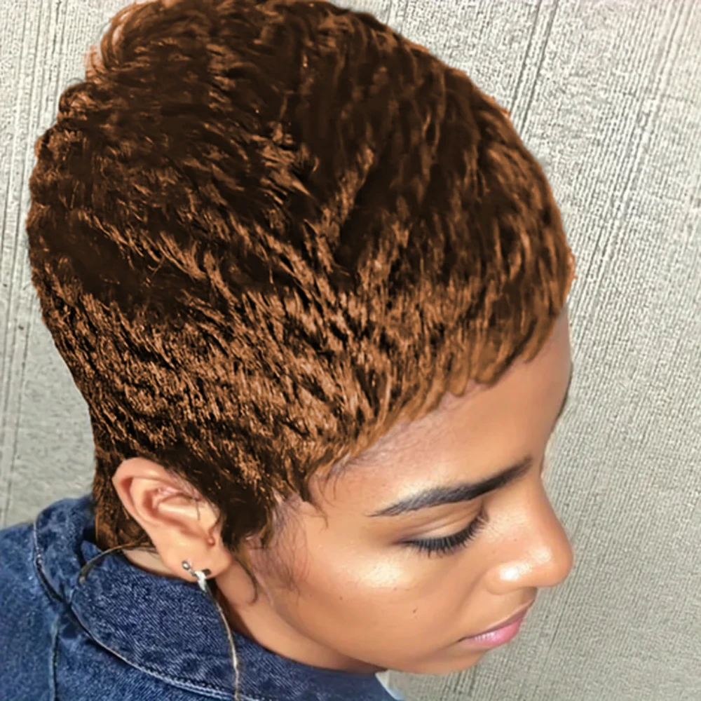 150% Density 4Inch Pixie Cut Curly Wave Human Hair Wig for Women Full Machine Made Wig for Daily Wear and Party