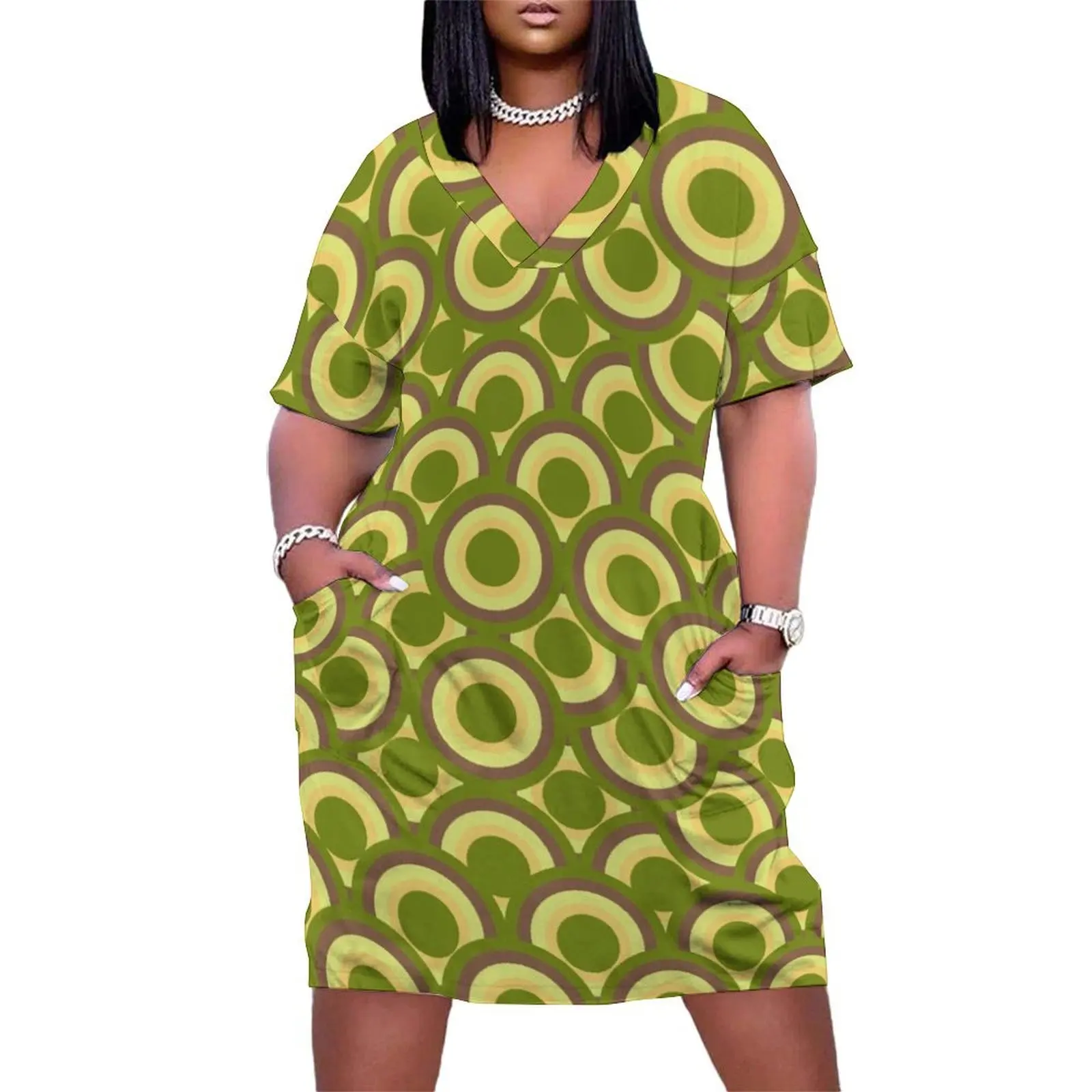

70s Style Retro Olive Green Graphic Circle/Dot Pattern Loose Pocket Dress prom dress Women's summer dresses