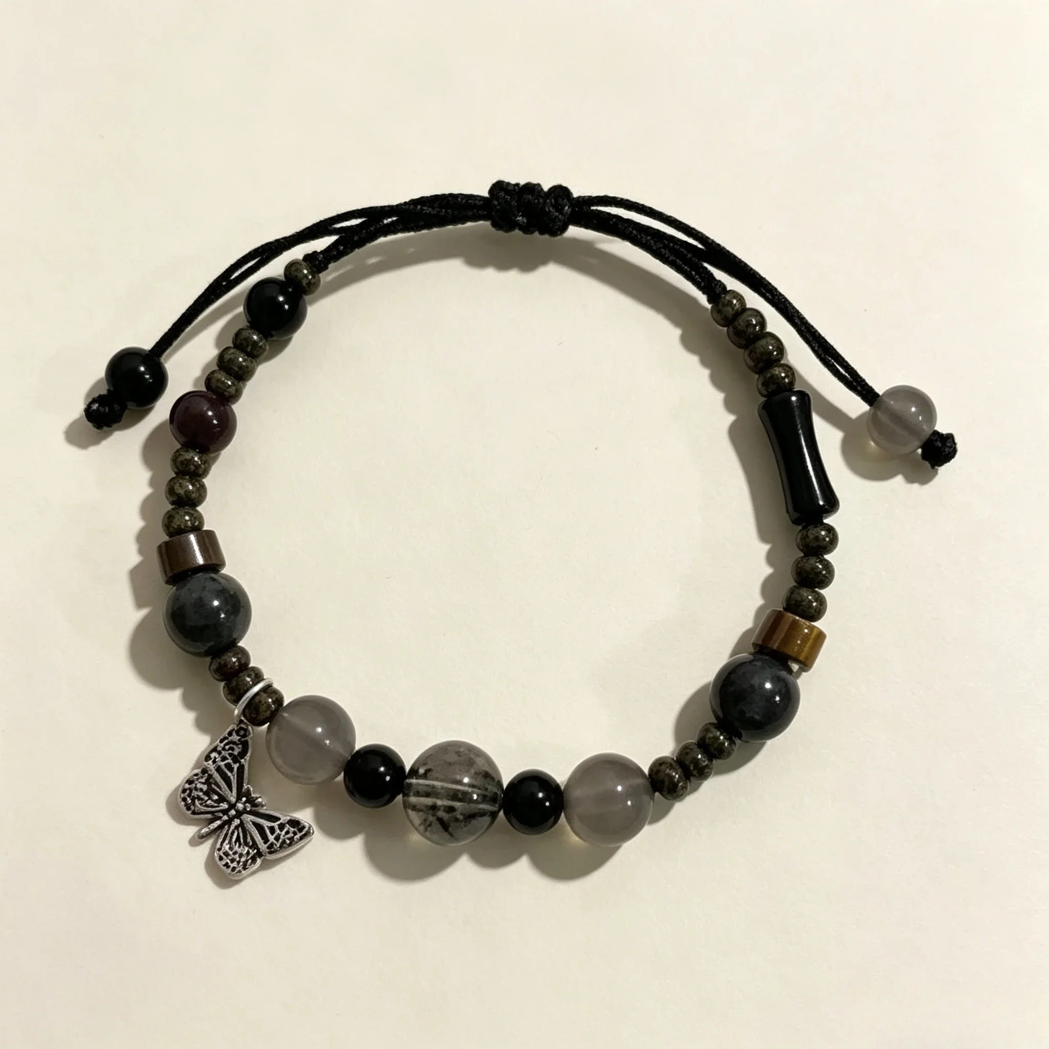 Vintage Black Adjustable Cord Beaded Bracelet Natural Obsidian Smoky Quartz Butterfly Charm Chinese Zen Ethnic Wrist Jewelry view 2