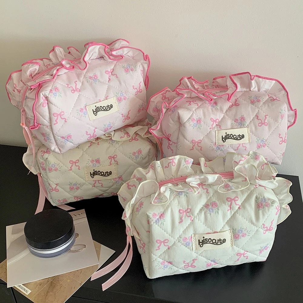 Fashion Lace Bow Cosmetic Bag Pencil Case Stationery Bag Portable Toiletry Bag Travel OrganizerWoman Makeup Bags Student Ribbon