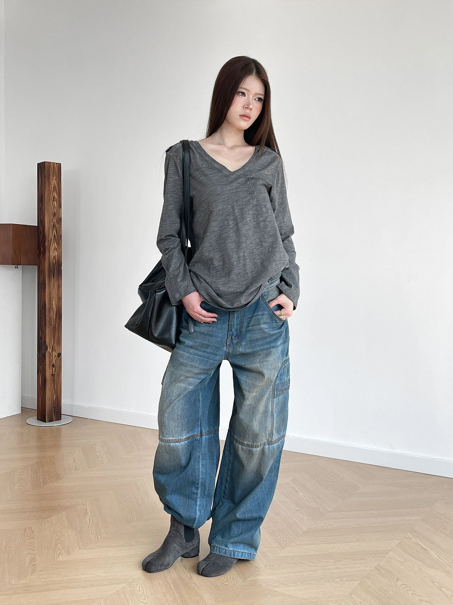 

Inbeowroom American Sle винтажная текстура Long Sve V-Ne футболка женская свободная нейтральная основа irt хлопок зимняя мода