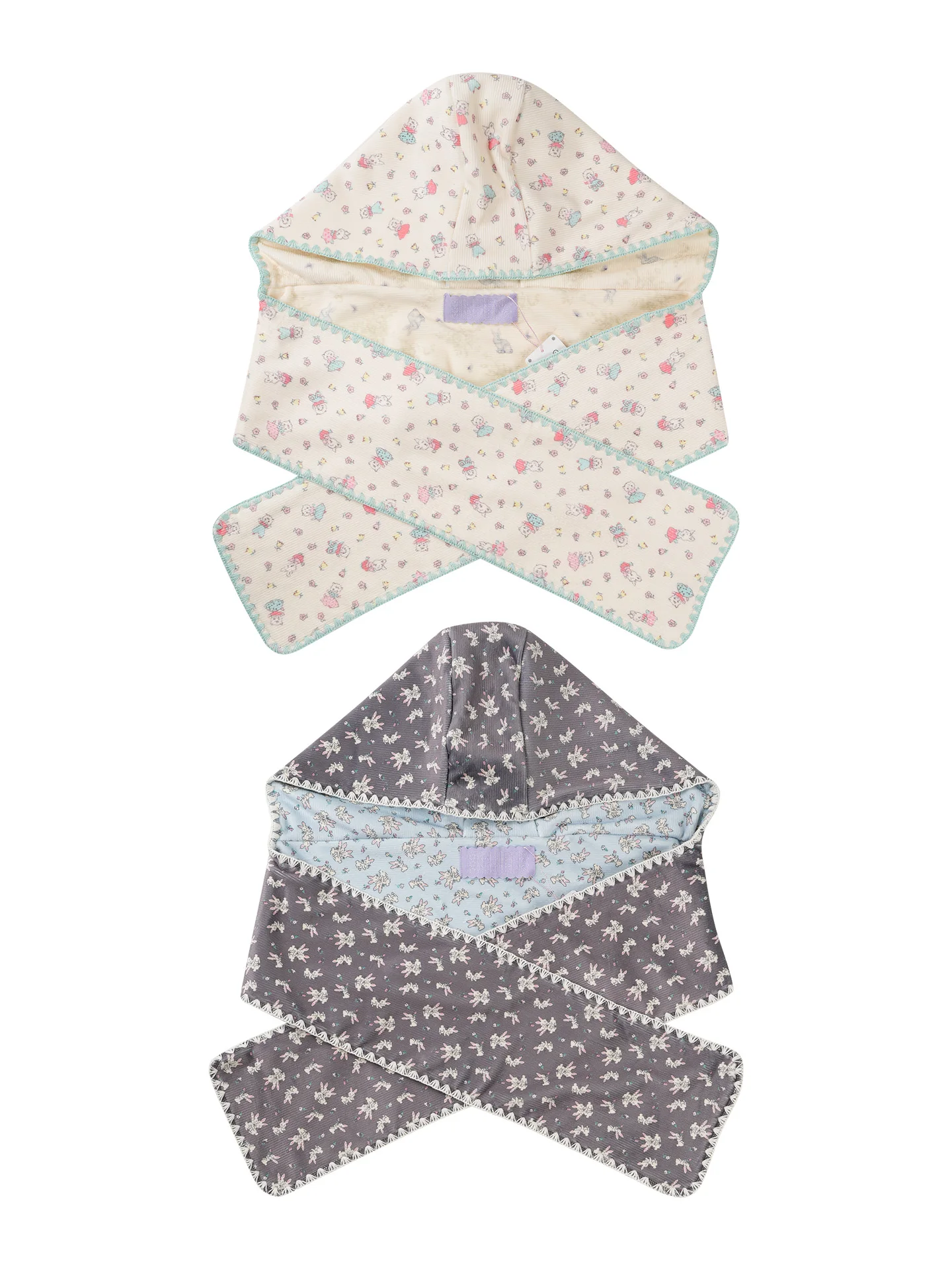 warm-hat-scarf-shoulder-wrap-women's-double-sided-wear-small-rabbit-bear-pattern-printed-hat-scarf-multifunctional-polyester