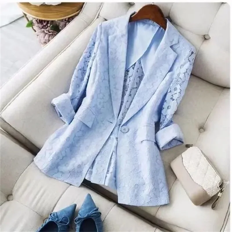 Lace Small Suit Women\'s 2023 Summer Thin High Grade 7/4 Sleeve Sunscreen Casual Coat Back Hollow out Suit Women\'s Loose Mesh Top