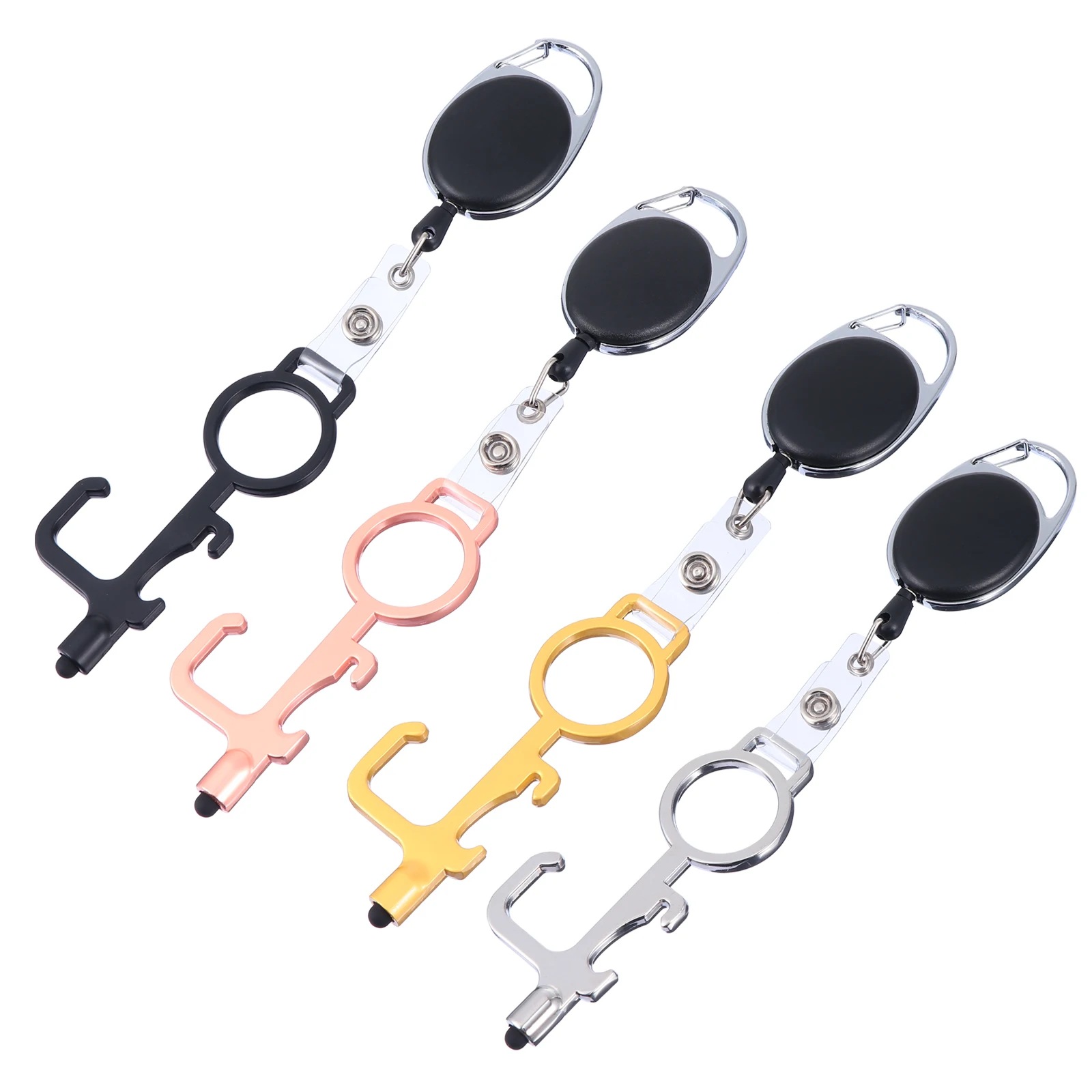 

4pcs Multifunctional Touchless Door Opener No Touch Hand Tools Safe Keychain Bottle Opener Kit Retractable Badge Reels Compact