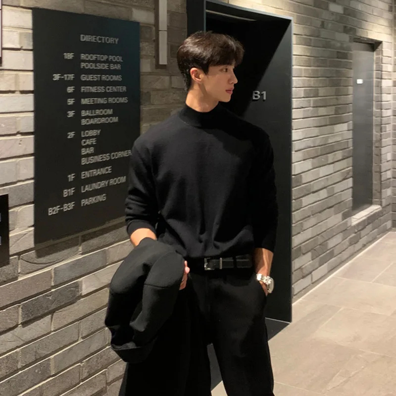 

Autumn Winter Men's Knitted Long Sve Loose Fit Color f High Collar Sweater Casual Inner Wear Base Layer Top