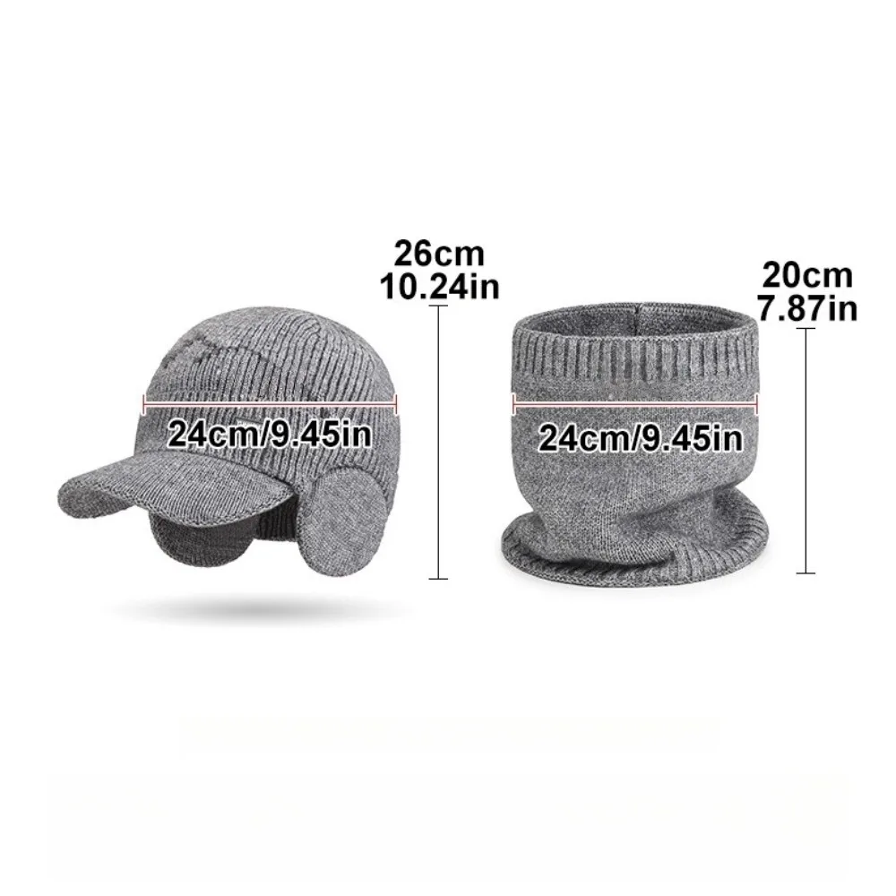 2Pcs Set Windproof Knitted Hat Neck Gaiter Thicken Plush Sheep Wool Scarf Soft Simple Winter Autumn Hat with Earflap Outdoor