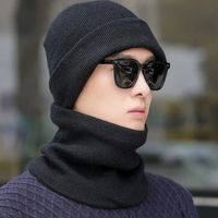 2pcs/set New Autumn Winter Men Hat Scarf Set Fashion Warm Thick Knitted Cap Neck Protective Plain Color Soft Add Fur Lined Cap