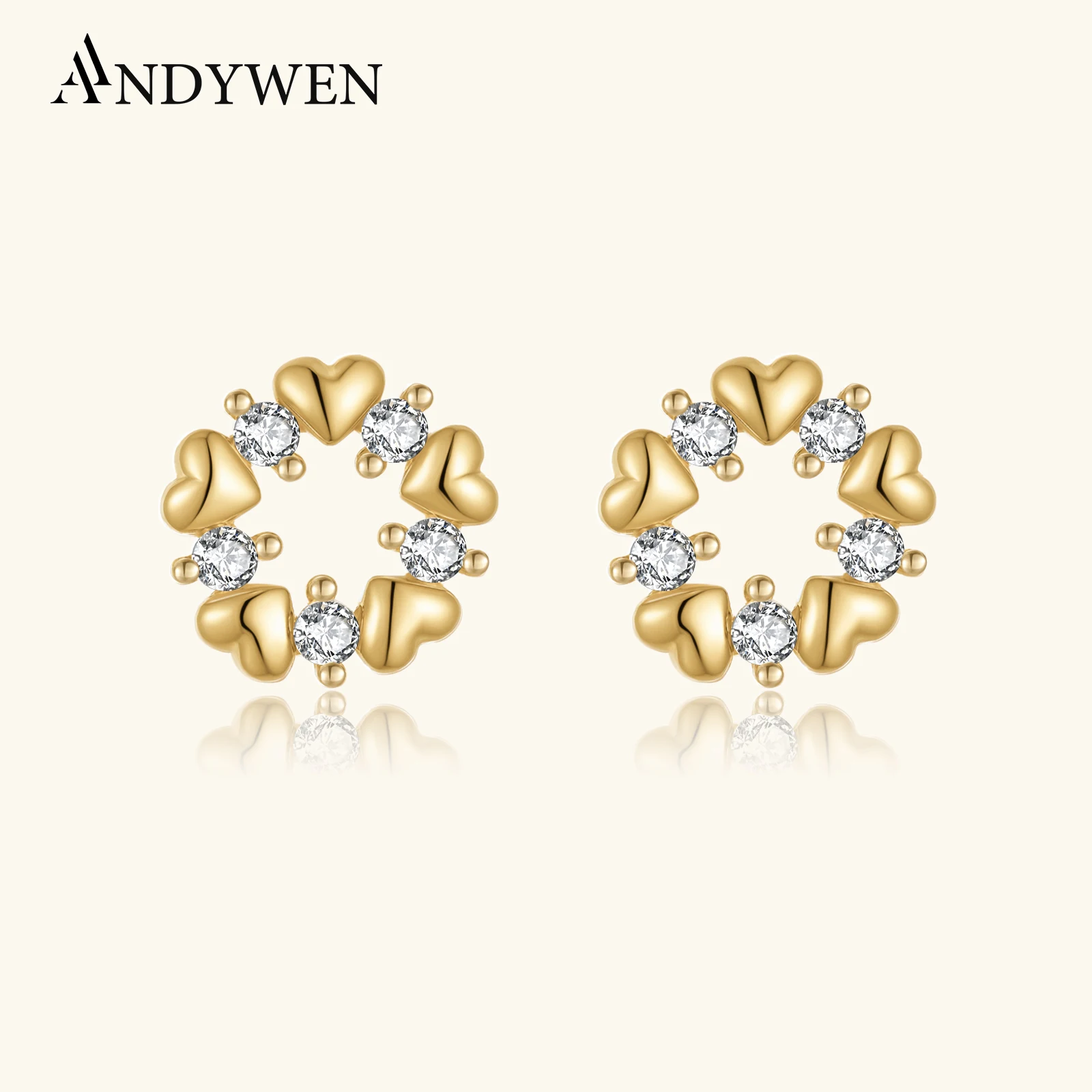 

ANDYWEN 925 Sterling Silver Gold Romantic Heart & CZ Stud Earrings Sparkling Elegant Jewelry for Valentine's Day Gift