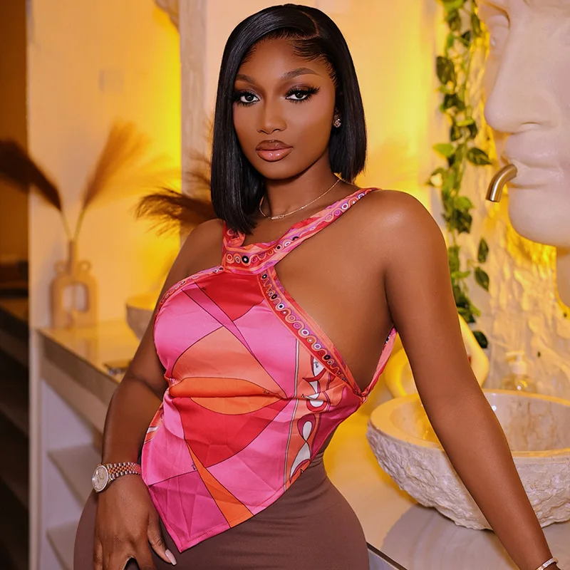 Women Halter Tank Top Geometric Print Backless Tie‑Up Camisole Sexy Irregular Triangle Hem Beach Vacation Party Tops