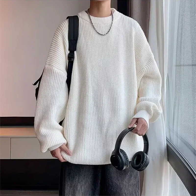 Sweater rajut pria, atasan Pullover lengan panjang leher bulat, rajut longgar kasual Mode Korea, Sweater rajut warna polos untuk musim gugur dan musim dingin