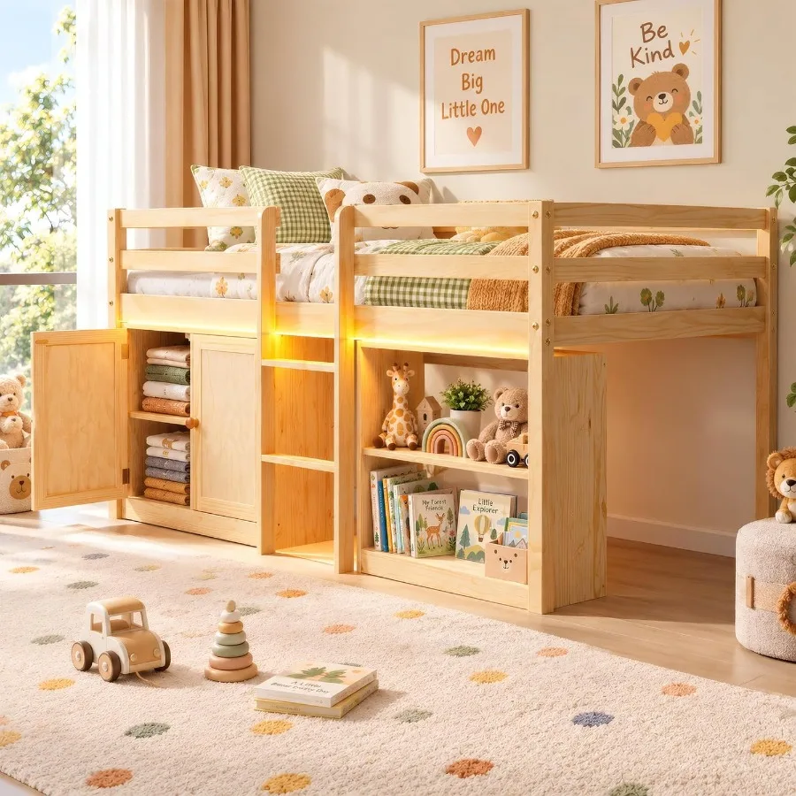 Twin Low Loft Bed for,Solid Wood with Multi-Color LED Lights, Space-Saving Design with 2 Portable Bookcases, Storage Cabinet Sa