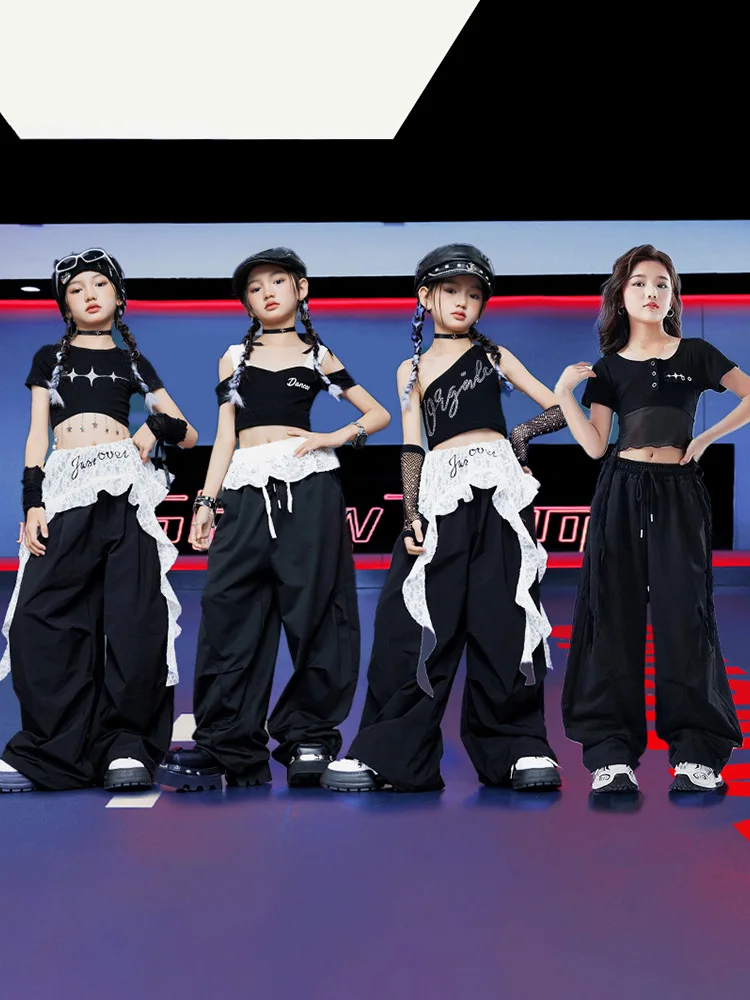 

Kid Kpop Hip Hop Clothing Black Stars Crop T Shirt Tank Top Lace Belt Wide Leg Parachute Pants for Girl Dance Costumes Clothes