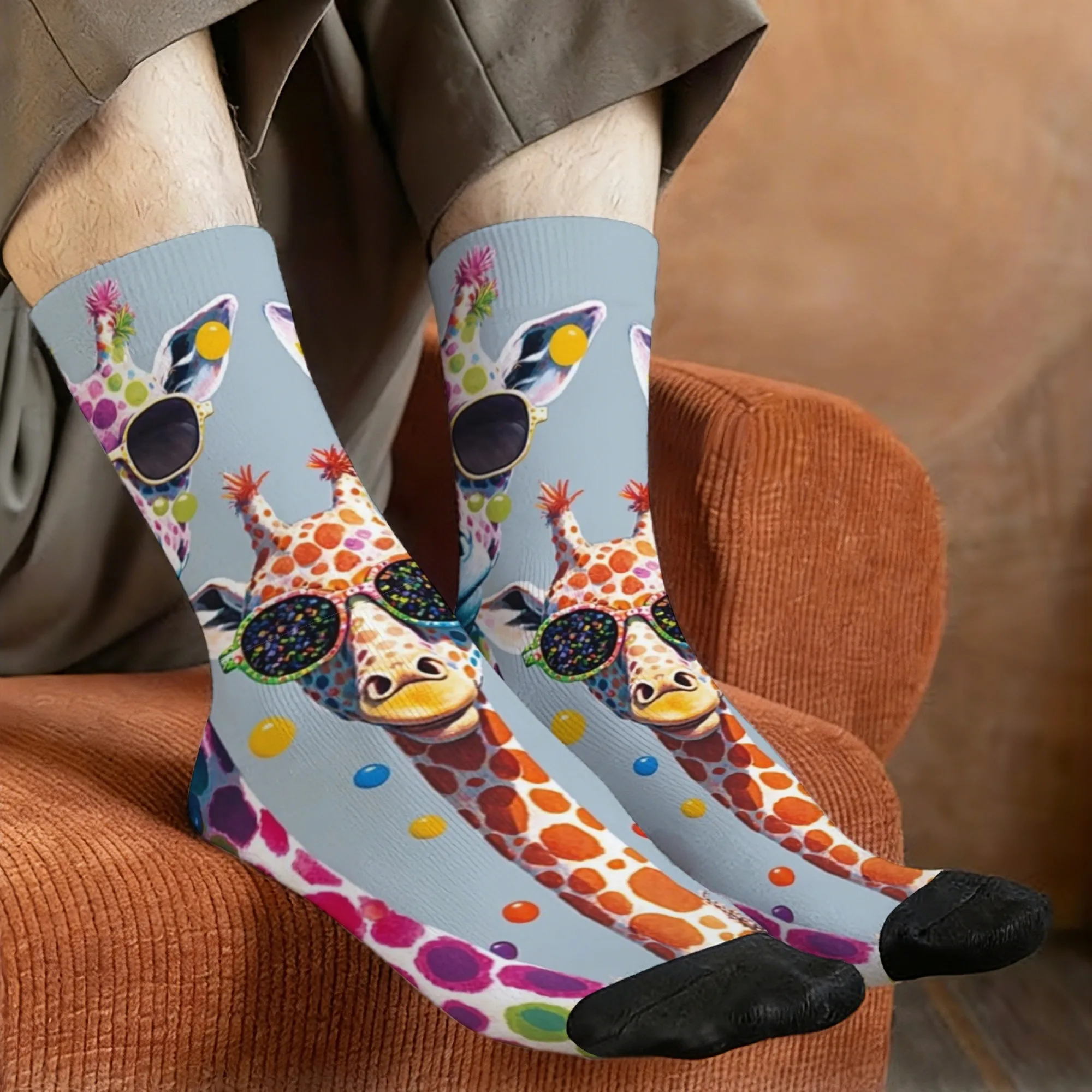 1 Pair Men's Giraffe Print Crew Socks Funny Novelty Cute Cartoon Knit Fabric All Over Print Casual Dress Socks for Party Gifts