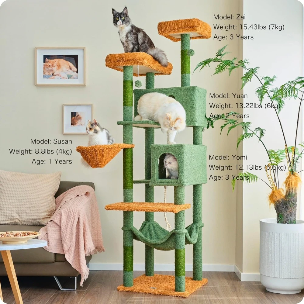 Cat Tree, 73 inch Cat Tower for Large Cat Indoor, 2 Top Perches with 1 Widened, 2 Enlarged Condos, Large Fluffy Hammock