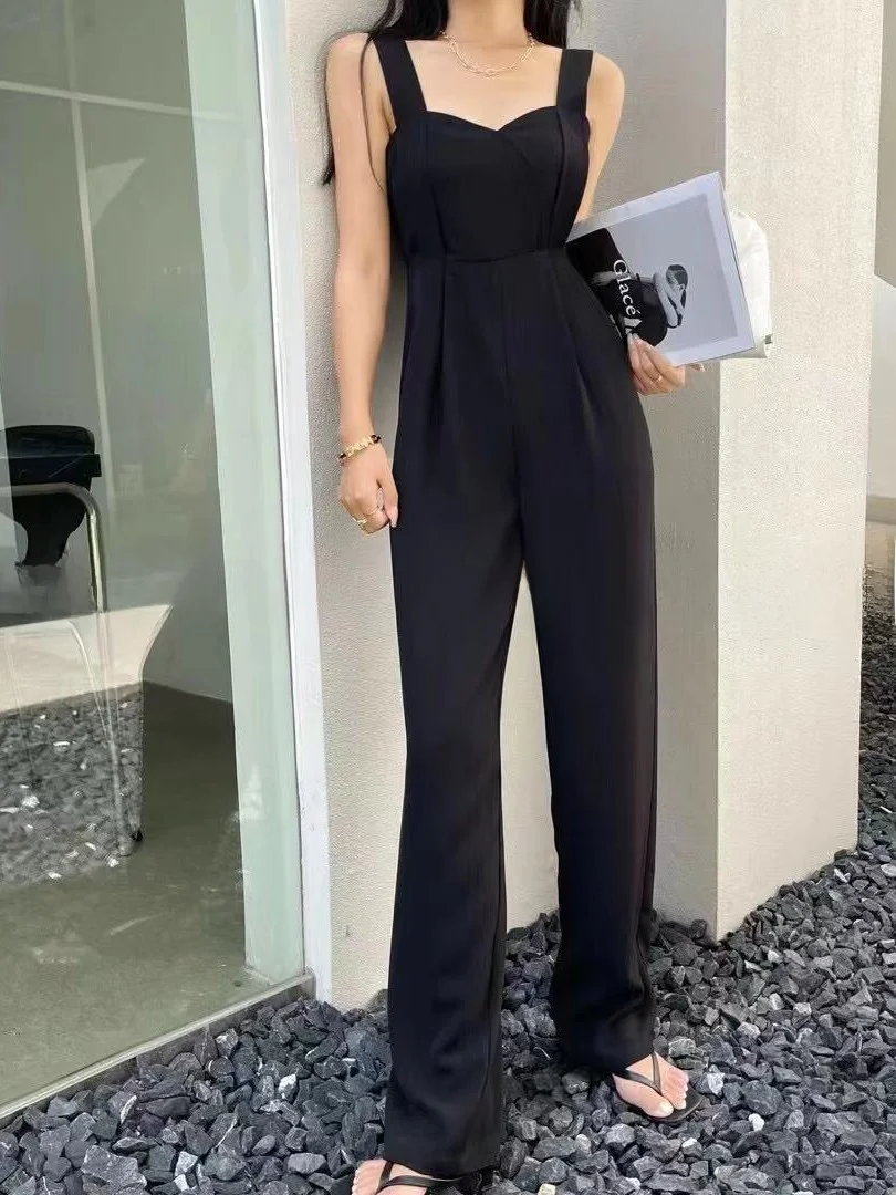 

Summer Women's High Waist Wide Leg One-Piece Rer Svel Belt Design Korean Sle Faionable Versatile Polyester