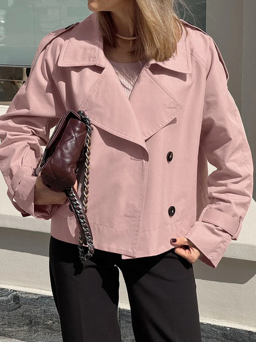 

Pink Long Sleeve Cropped Jacket Woman Autumn New Turndown Collar Double Breasted Short Outerwear Sweet Fashion Trench Coat 2024