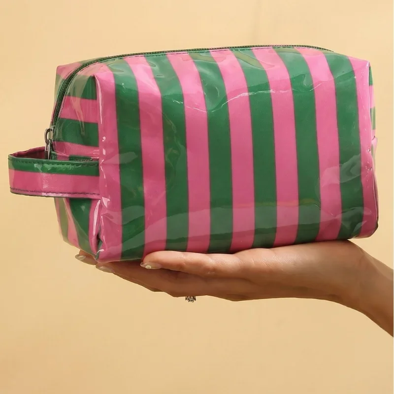 Glossy Striped Colorful Toiletry Bag Women's Travel Cosmetic Storage Bag Portable Casual Makeup Organizer For Party Night Trip