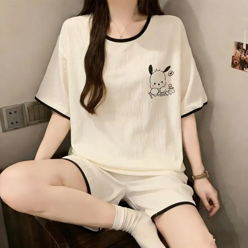 Pochacco Summer New Short Sleeved Shorts Two Pajamas Women's Cartoon Casual Cloud Cotton Round Neck Home Clothes Comfortable
