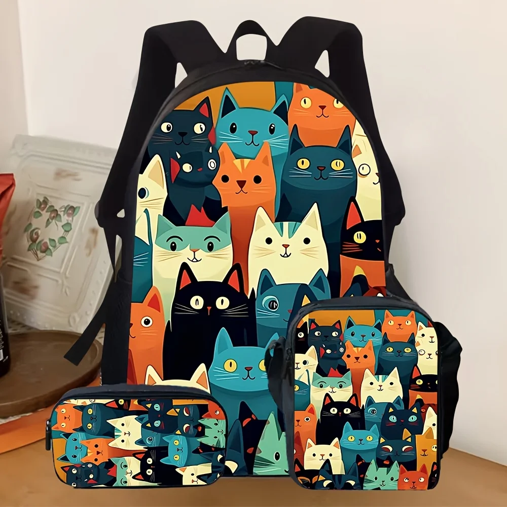 

3pcs [2D Flat] Cartoon Cat Print Backpack Set, School Backpack with Crossbody Bag & Pencil Pouch, Casual Daypack for Girls Boys