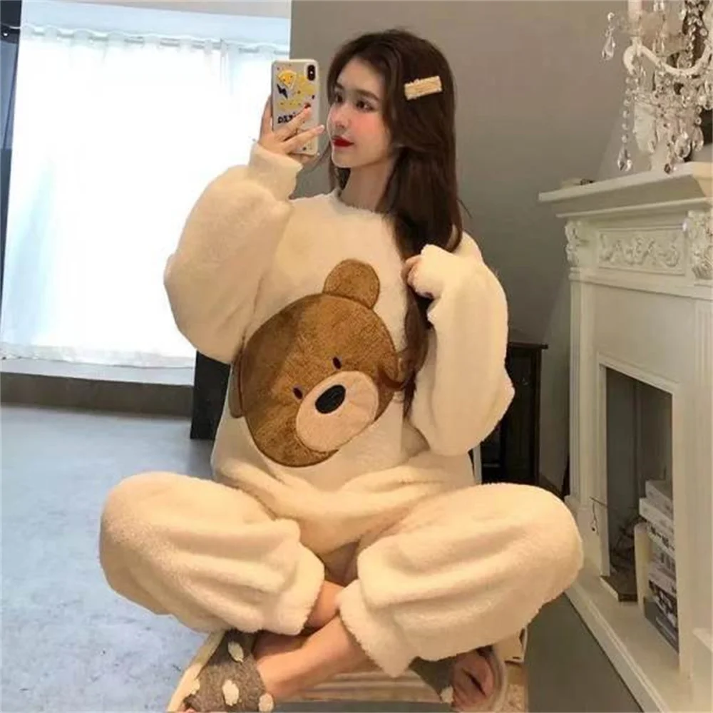 Autumn Winter Pijamas Kawaii Pajama Sets Women Cartoon Sweet Bear Flannel Sleepwear Girl Pijama Mujer Night Suits Homewear 2023