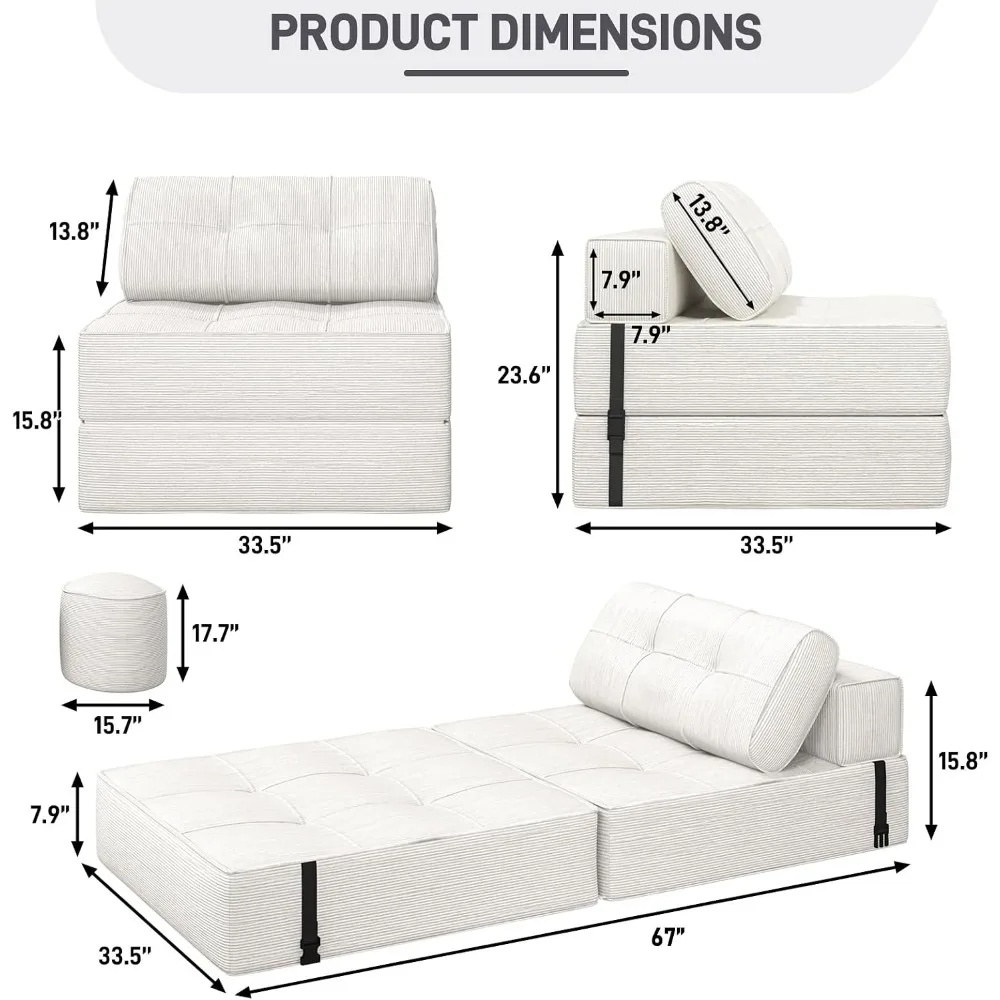 3-in-1 Convertible Floor Sleeper Chair w/28D High-Density Foam, Modern Corduroy Fold Out Couch Bed with Pillow for Small