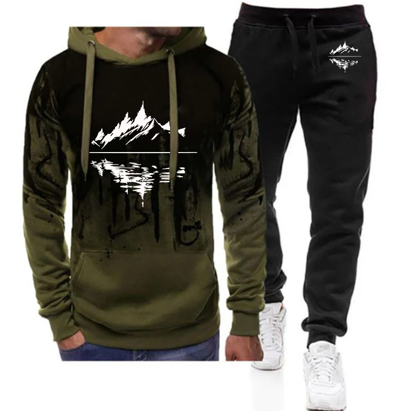 

2026 Mountain Reflection Print Spring And Autumn Men's New Gradient Color Set Hoodie+Casual Sweatpant Two-piece Suit