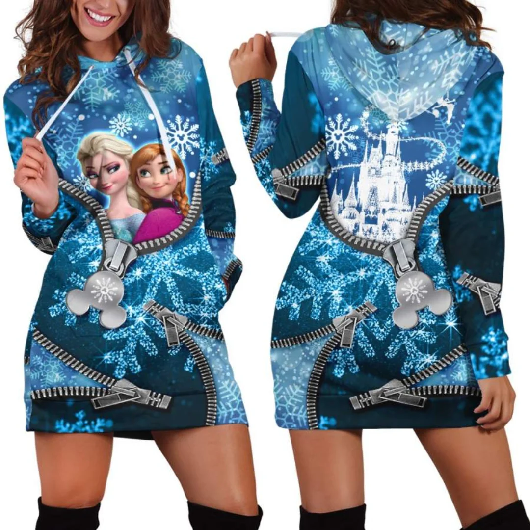 2023 New Frozen Elsa Hoodie Dress Sweater Fashion Disney Dress Sweatshirt Dress 3d Allover Printed Hoodie for Women