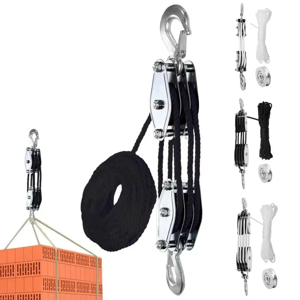 Heavy Duty Handheld Crane Zinc Alloy Hook Polyethylene Rope Rope Pulley Block Steel Wheel 270° Rotatable