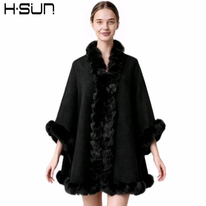 Winter shawl, women's outerwear, new high-end black faux fur coat, cape style