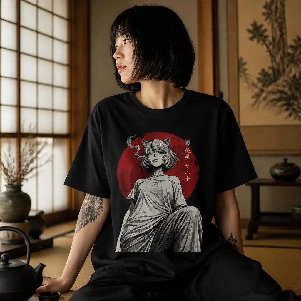Also, Neko, T-Shirt im japanischen Stil mit Motiv einer Katze, die eine Zigarette raucht, für Herren, 100 % Baumwolle, lustiges T-Shirt mit kurzen Ärmeln, ein tolles Geschenk. – Detail 2