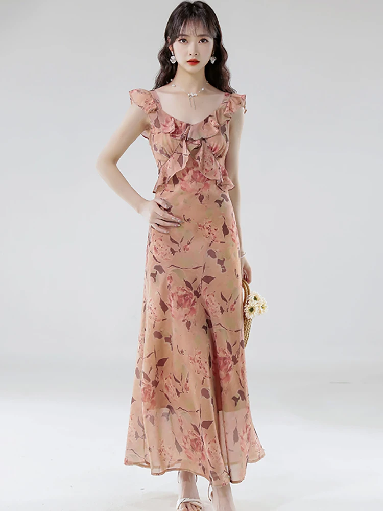 Robe longue en mousseline de soie, Style plage, florale, Maxi, élégante, Chic, à volants, écharpe, Sexy, coréenne, moulante, robe de soirée, été, 2025