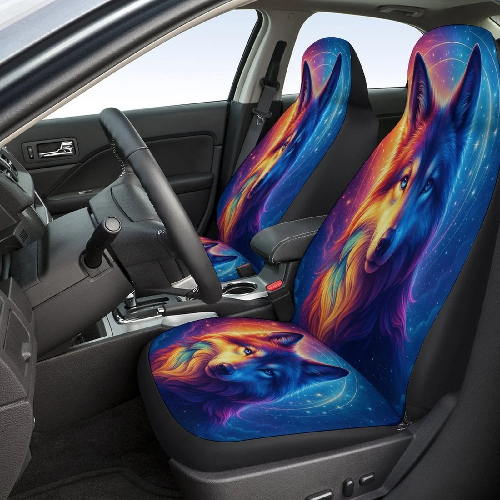 Set Of Car Seat Covers Featuring A Wolf Aura Design, Suitable For Various Vehicles. Stylish And Unique, This Complete Set Includ