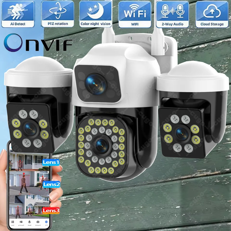 15MP Security Camera 3-HD Screens Auto Tracking WiFi IP Camera Outdoor IP66 CCTV Color Night Vision 2-Way Audio Surveillance Cam