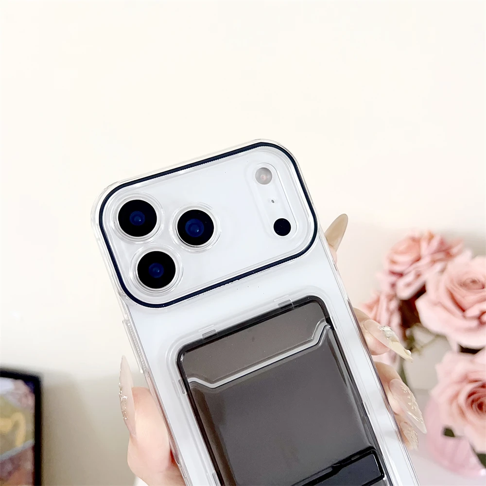 Fashion Transparent Card Holder Slot Bracket Case For iPhone 17 16 15 14 13 Pro Max Plus Wallet Folding Stand Candy Color Cover view 3