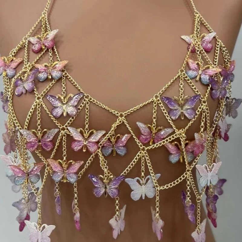 Gilet a catena in metallo con ciondolo a farfalla multicolore per donna Ragazza calda sexy Maglia che dimagrisce Catena sul petto Nicchia Versatile vestito da ragazza calda