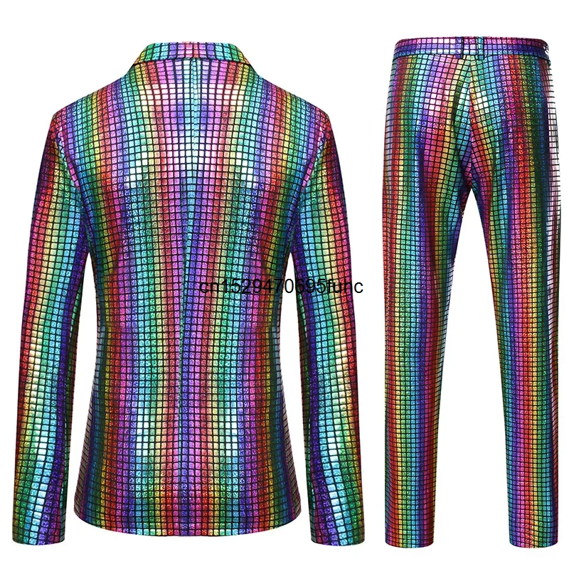 Mens Stage Prom Suits Shiny Rainbow Plaid Sequin Jacket Pants Men Dance Festival Christmas Halloween Party Costume Homme