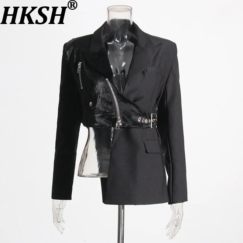 

HKSH Spring Autumn New Women's Blazer Motorcycle Style Asymmetric Pu Leather Patchwork Waist Cinching Trendy Sexy Jacket HK15190