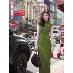 Chinese Green Jacquard Dress Women Summer Vintage Sleeveless Cheongsam Dresses Fashion Casual Sexy Slim Long Skirts Female New