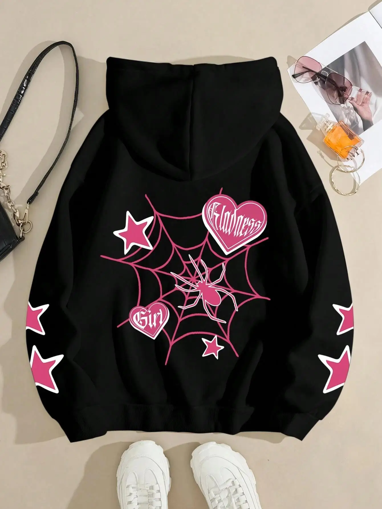 Spider Star Printed Hoodies Street Sporty Women Sweatshirts Comfortable Crewneck Pullover Loose Fleece Female Tops Clothes