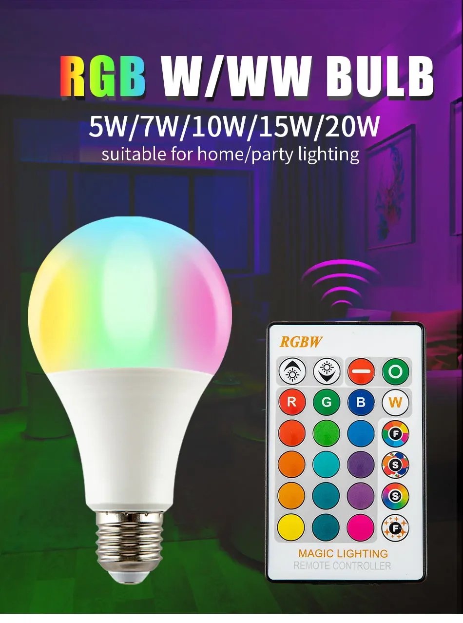 RGB LED Bulbs With Light Switch 220V RGBW E27 7W/15W/20W Remote Control Colorful Spotlights For Home Living Room Decorative Lamp