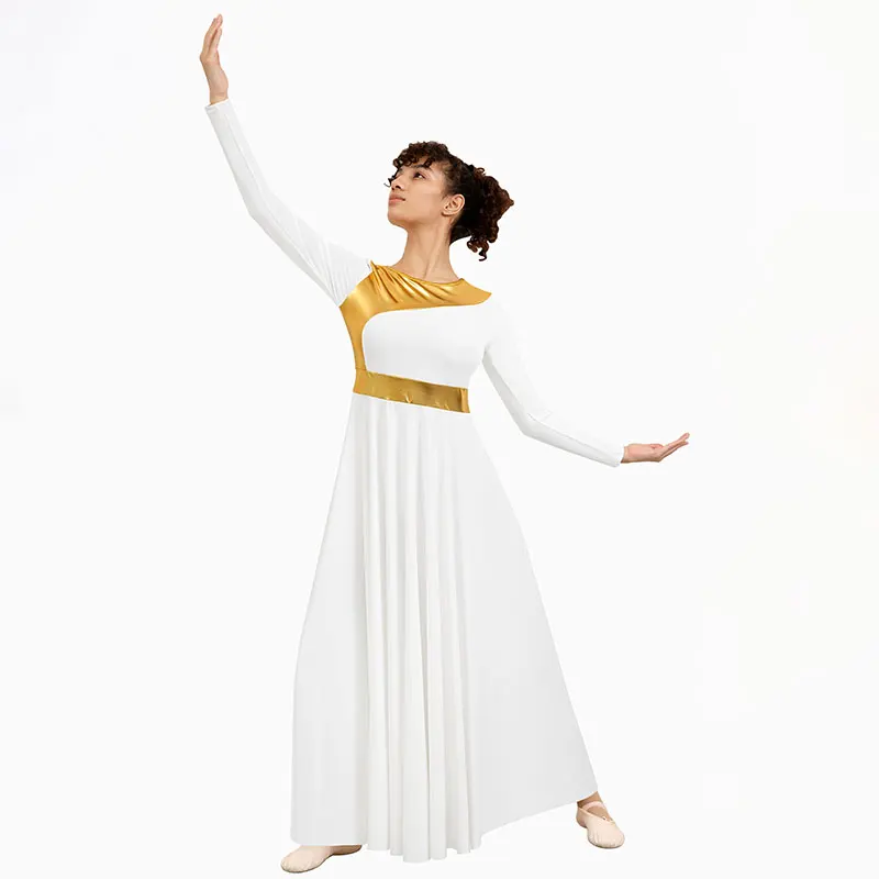 Damen Lobpreis-Tanzkleid Metallisch Glänzendes Bodenlange Liturgische Anbetungs-Kostüm Langarm-Tanzkleidung