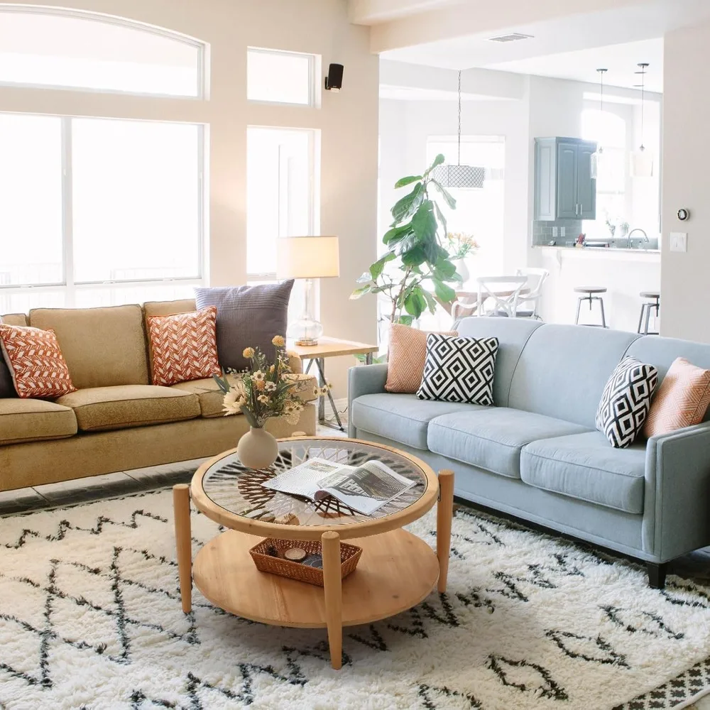 Mid Century Modern Two-Tier Rattan Cocktail Table with Tempered Glass Top, Bohemian Style Living Room Furniture