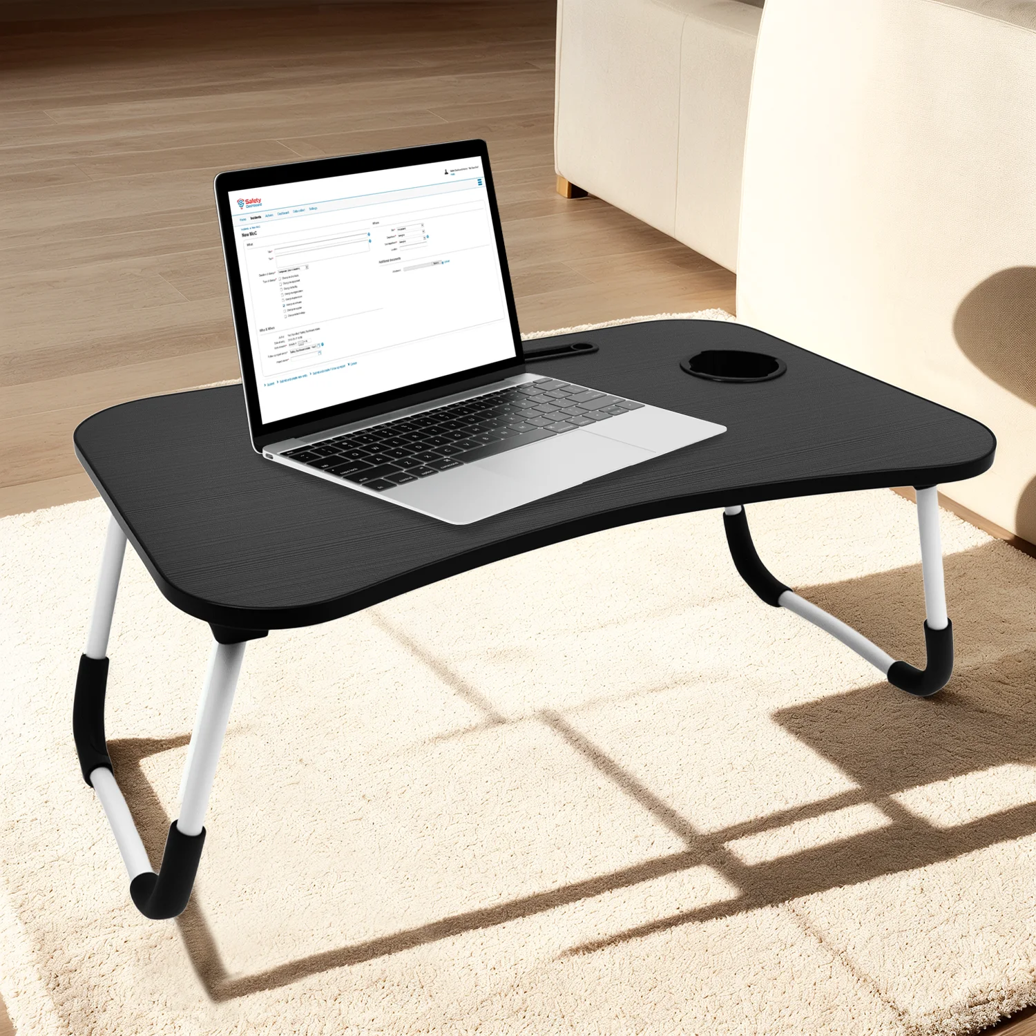 Foldable Laptop Bed Desk, Portable Study Table with Cup Holder and Tablet Slot, Multifunctional Breakfast Tray for Sofa, Floor