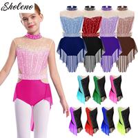 Kids Girls Gymnastics Ballet Jersey Figure Ice Skating Lyrical Dance Costume Mock Neck Shiny Rhinestones Mesh Skirted Leotard