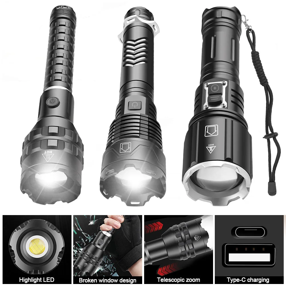 100W Strong Light LED Flashlight Zoomable Long Range Tactical Torch Mini  Flashlight USB Rechargeable Outdoor Camping Lantern