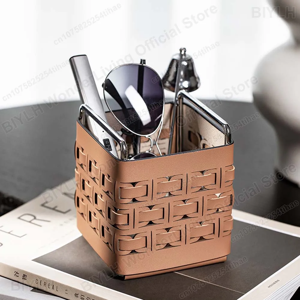 PU Leather Woven Storage Box Home Decoration Storage Rack Remote Control/Makeup Brush/Office Stationery Finishing & Storage Tool