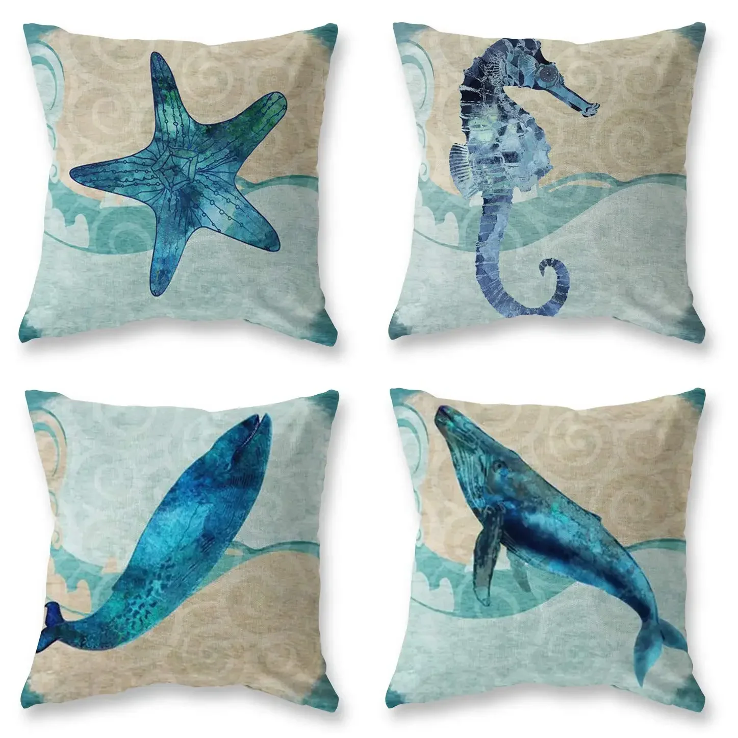 Marine life pattern pillowcase, living room sofa cushion cover, home decoration, whale, seahorse, sea star printing pillowcase