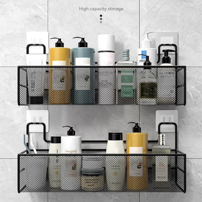 Wall-mount Bathroom Shelf Shower Shampoo Rack Toilet Accessories Kitchen Free Punch Condiment Storage Basket Bathroom Organizer