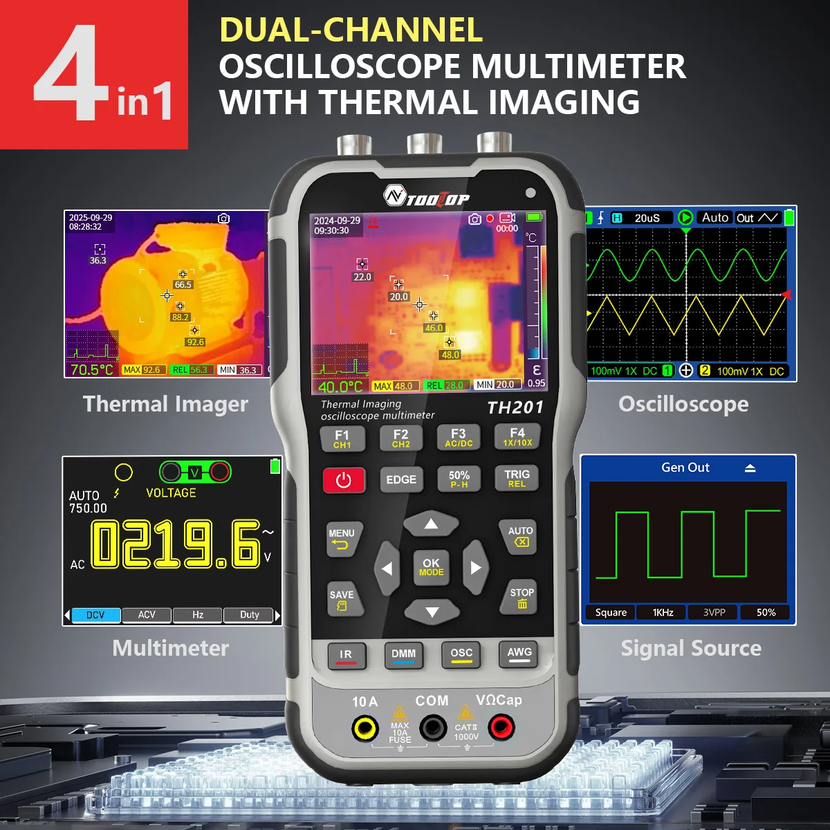 Oscilloscope thermique 2 canaux TOOLTOP TH201 70 MHz ISR 288*240, caméra d'imagerie thermique avec objectif macro, outils d'électricien 3,5 pouces