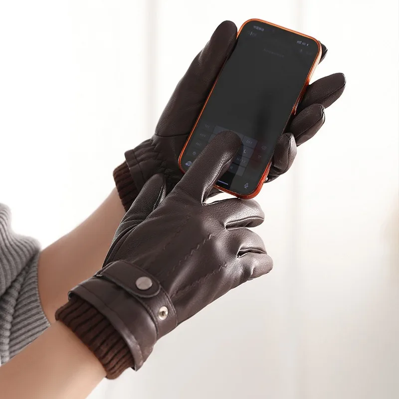 Men's Winter Warm Windproof PU Leather Touchscreen Gloves with Simulated Deer Grain for Driving Cycling
